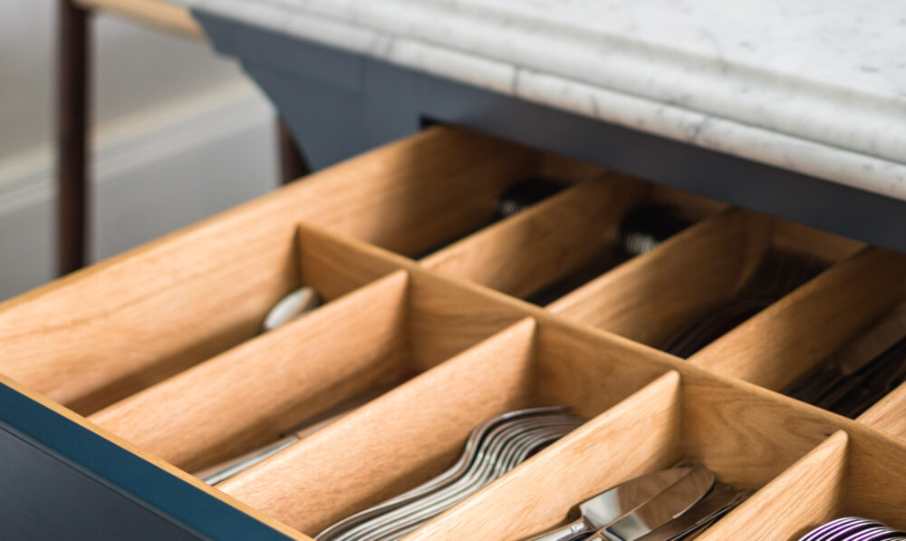 A cutlery drawer in a bespoke kitchen design 