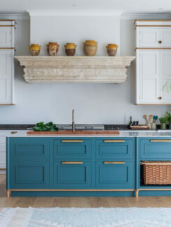 Hand painted kitchen with carved stone lintel