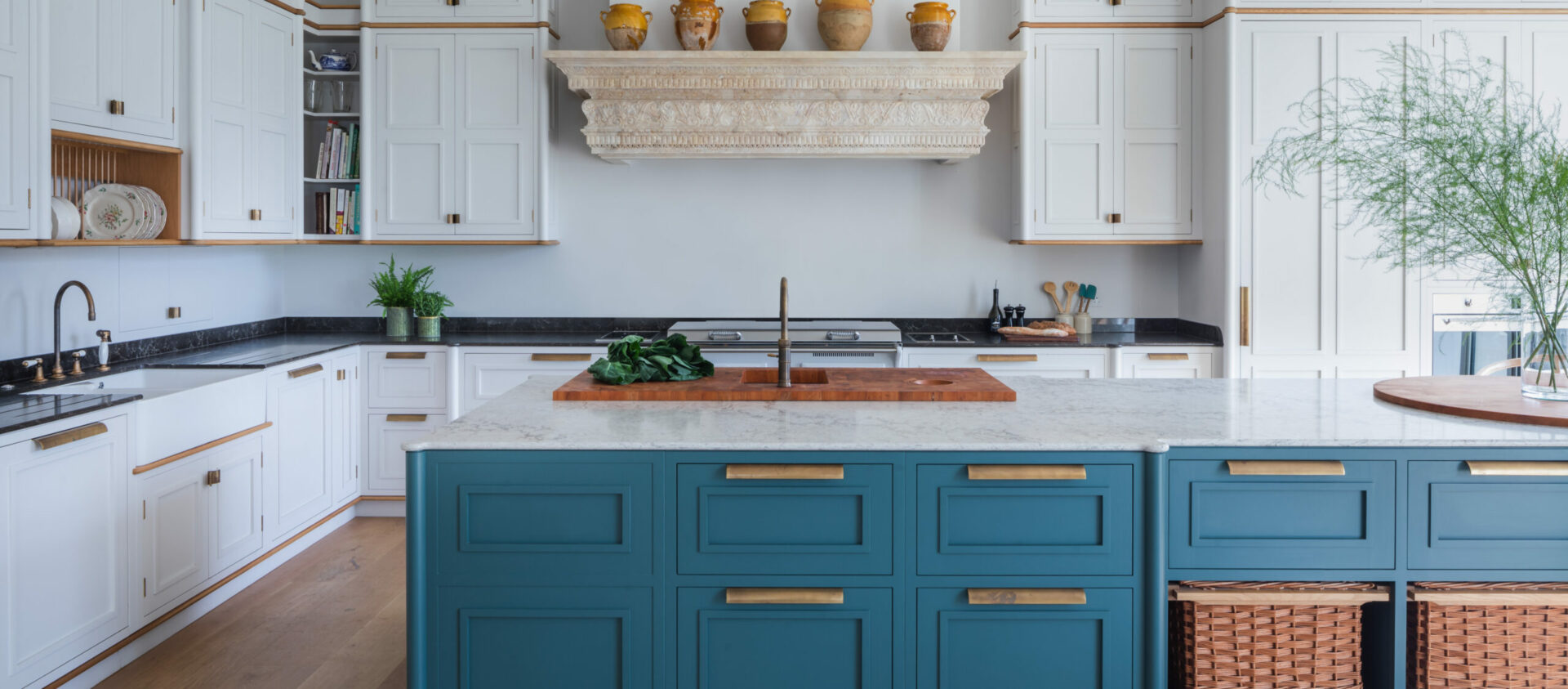 Blue and white painted bespoke handmade kitchen 