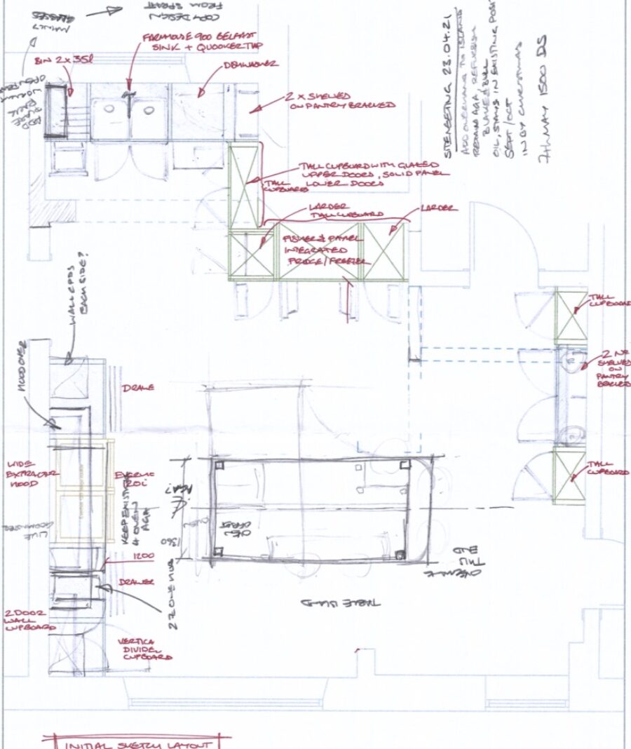 A kitchen design plan for an awkwardly shaped room A kitchen design plan for an awkwardly shaped room