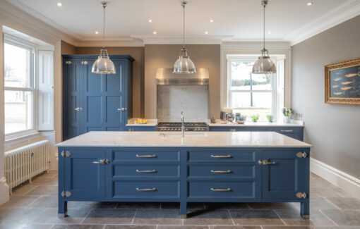 3 LED pendant lights over bespoke kitchen island