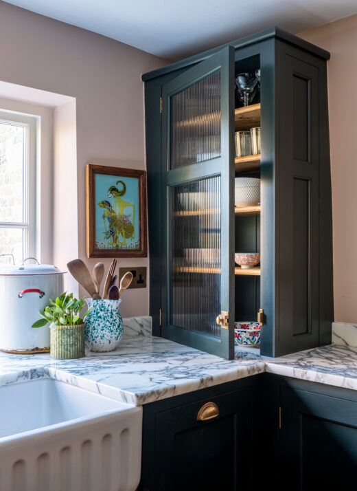 A reeded glass kitchen cabinet 