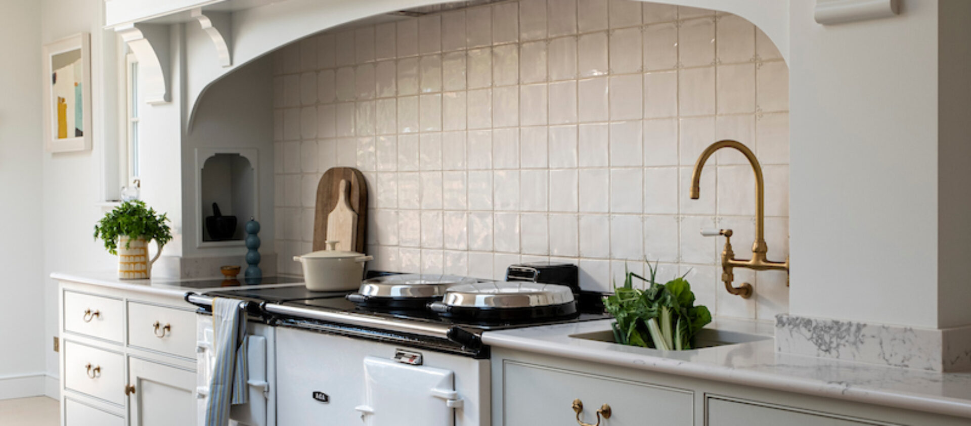A bespoke hand painted Georgian kitchen with white AGA range cooker in Berkshire