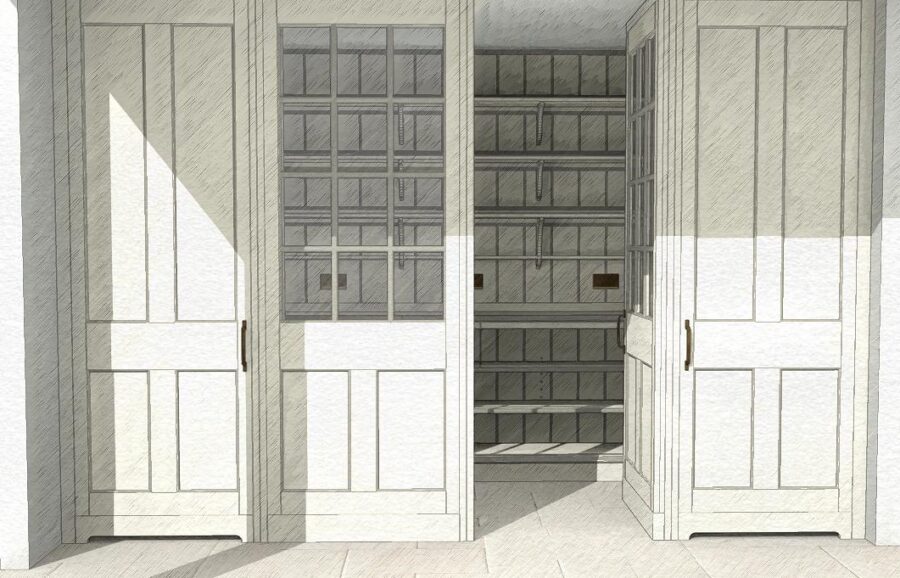 A pair of glazed pantry doors with the right one opened to reveal a pantry behind.