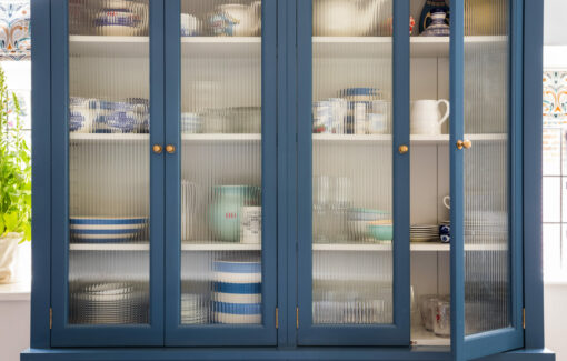 Reeded glass fronted kitchen cabinet