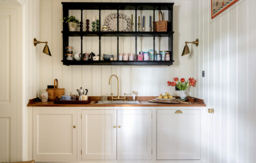 painted panelled pantry design with open wall shelves