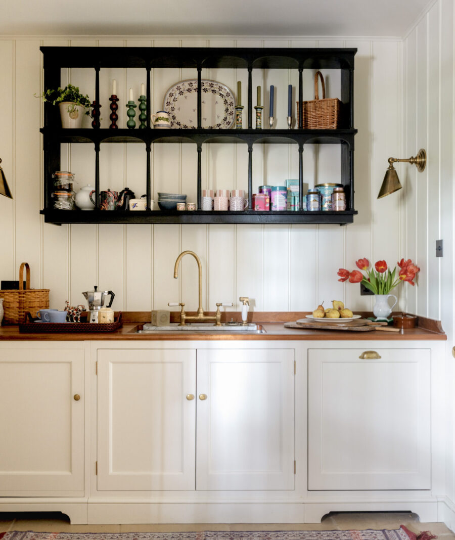 A large pantry complete with bespoke cabinetry, a sink area and hidden appliances