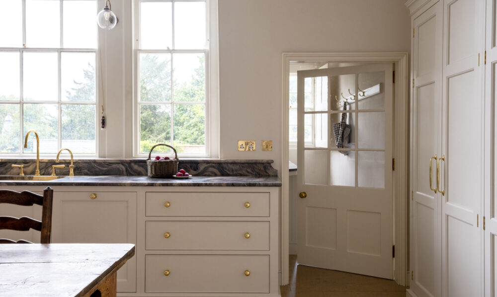 The view to pantry shelving from the Regency villa kitchen