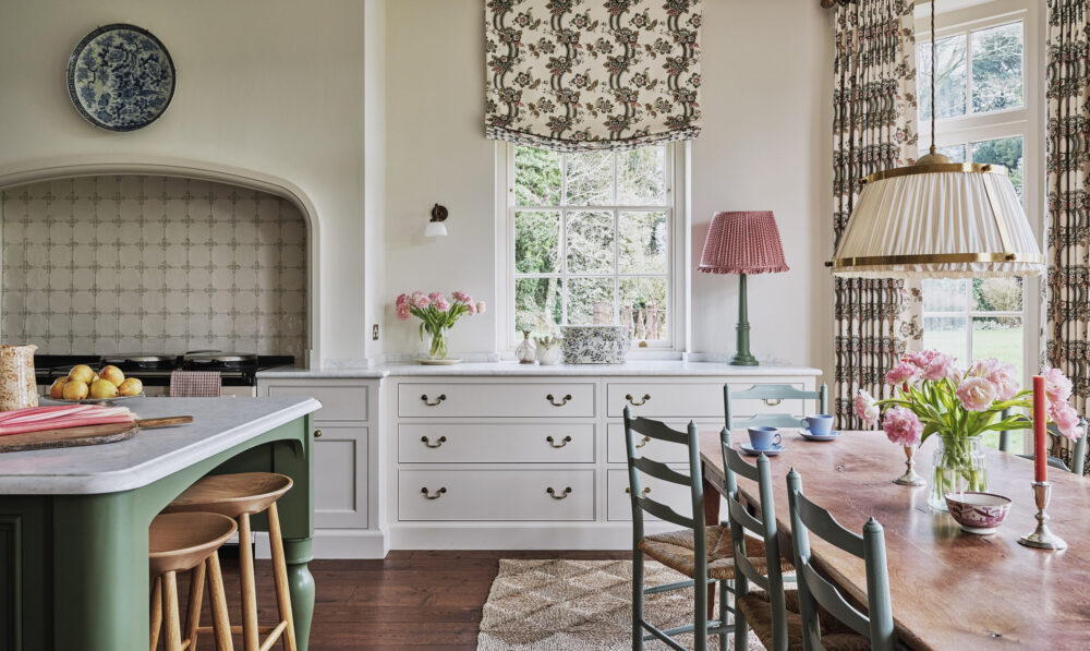 This country house kitchen has space for a Cook's Table kitchen island and large informal dining table in the bay window