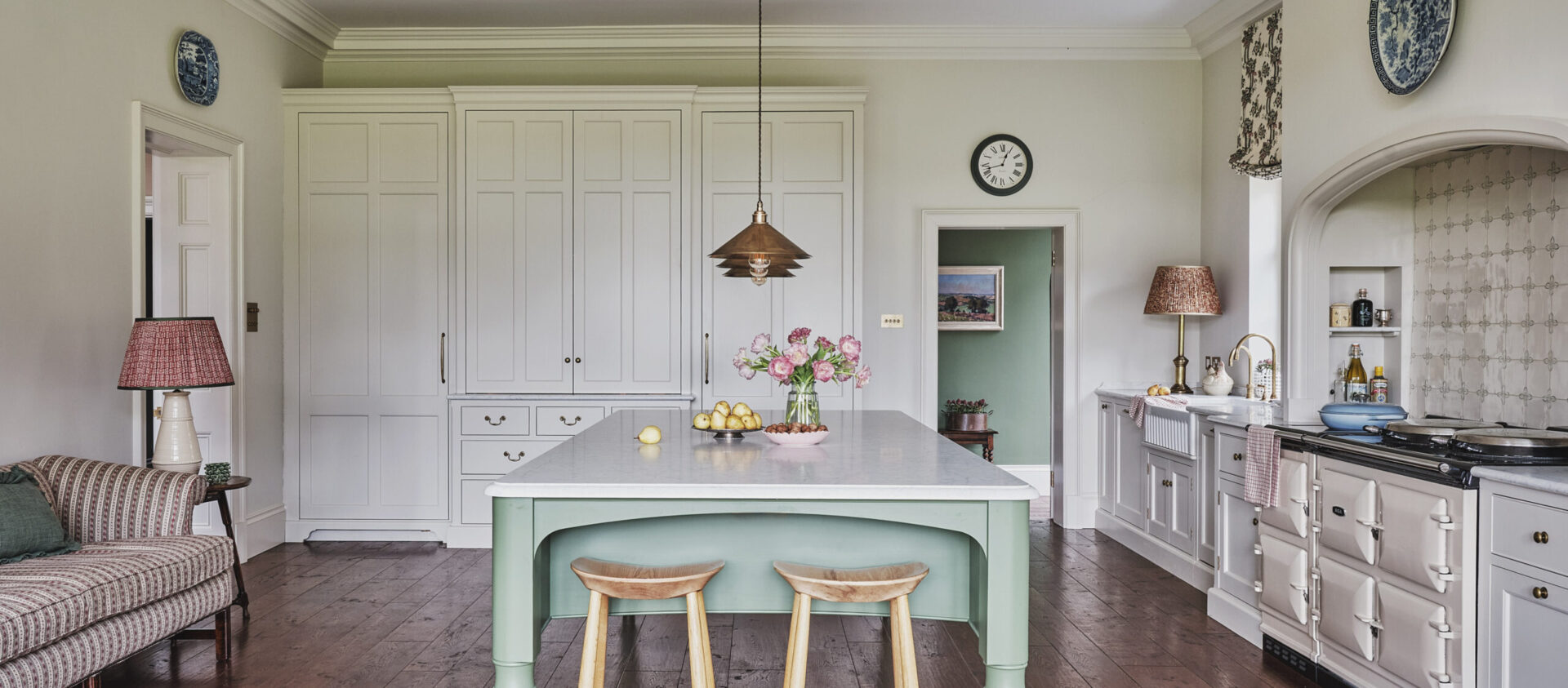Edwardian country house kitchen with green Cook's Table kitchen island