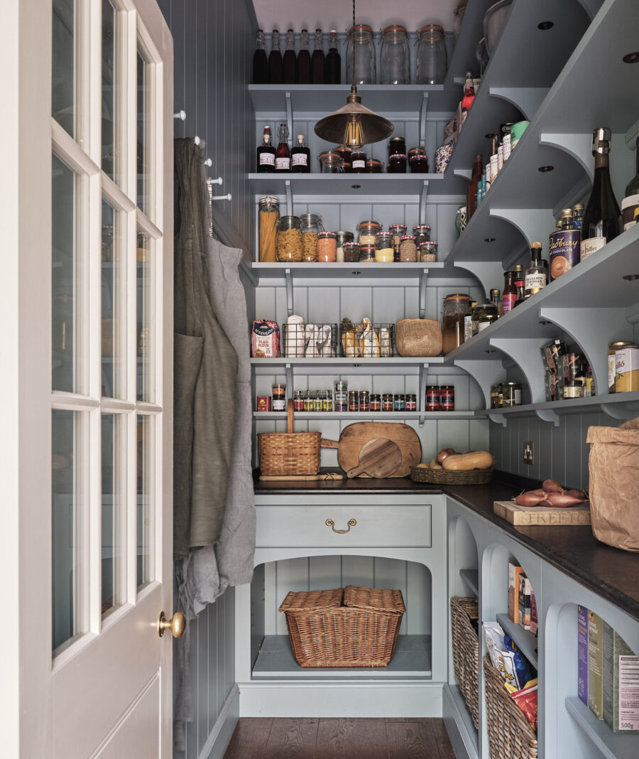 The Edwardian country house panelled walk in kitchen pantry with open storage shelves