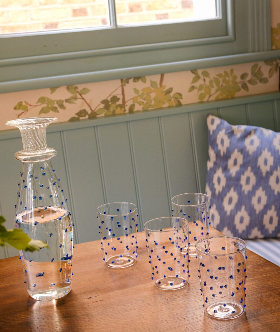 Issy Granger Blue Pom Glass Carafe & Blue Pom Tumblers