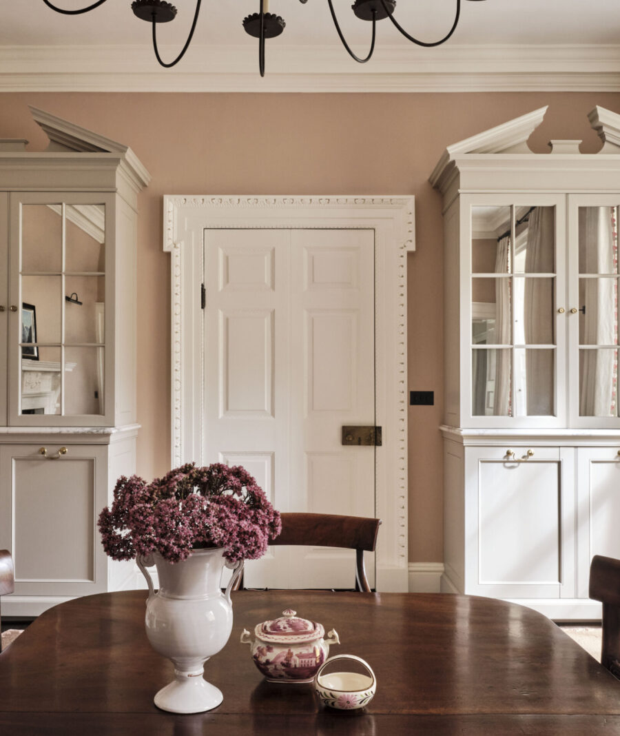 A pair of classically proportioned bespoke cabinets in a Cotswold dining room 